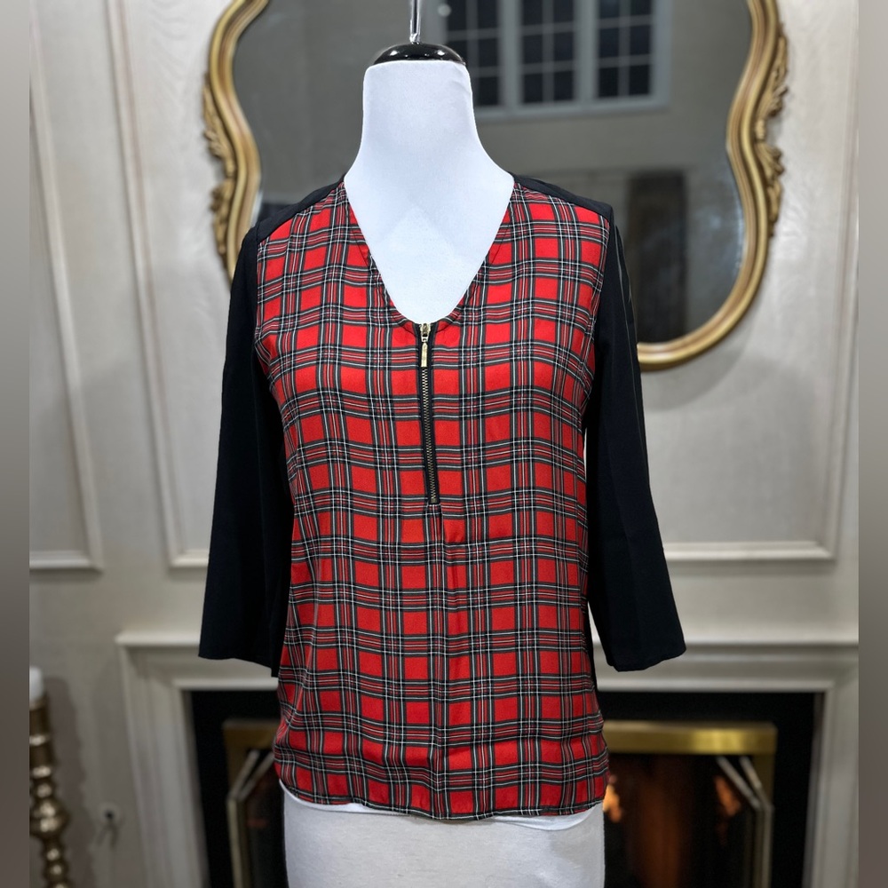 Express‎ Top Small Red Plaid Zip Front 3/4 Sleeve Career Office